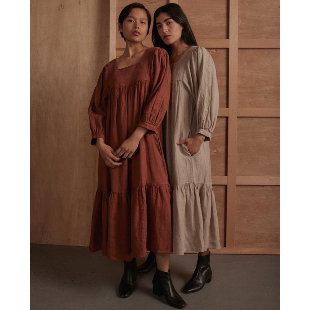 Sugar Candy Mountain Midi Dress XS/S Big Sur Linen Pockets Flounce Hem Redwood